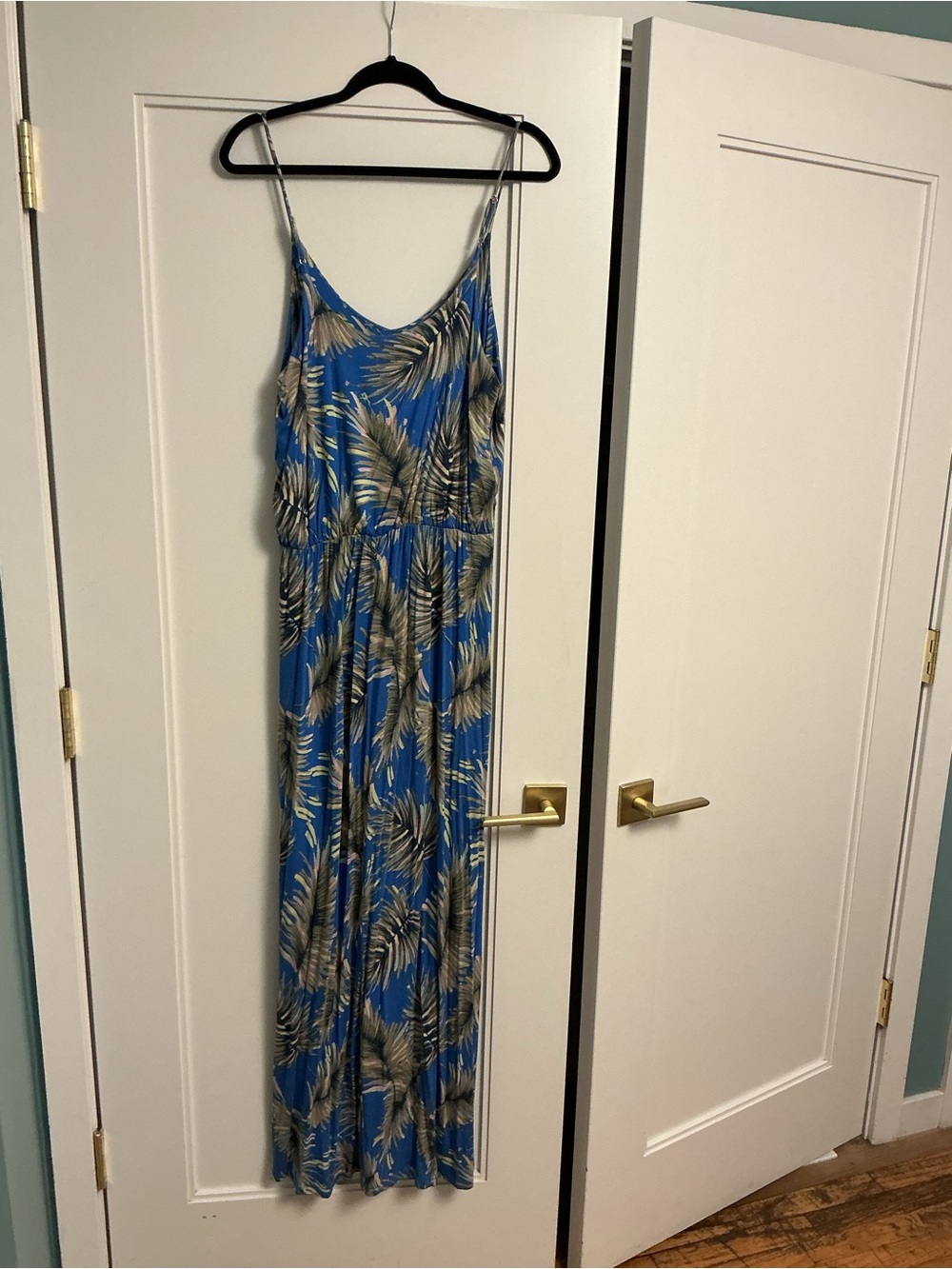 Blue Tropical-Leaf Maxi Dress with Spaghetti Straps